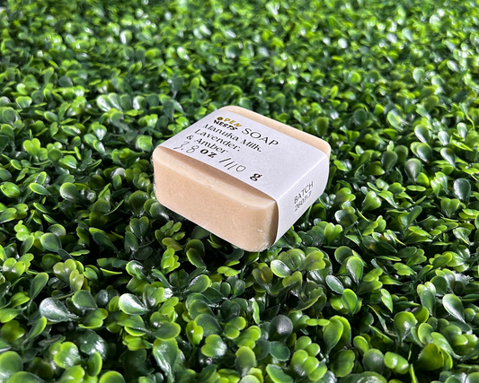 square variant of manuka milk, lavender, amber bar soap
