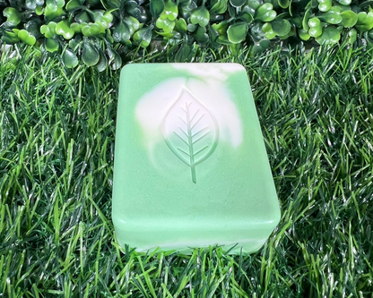 Rectangular sage soap with rounded edges and leaf design on top that is a mix of a light green and white, displayed on a green surface.