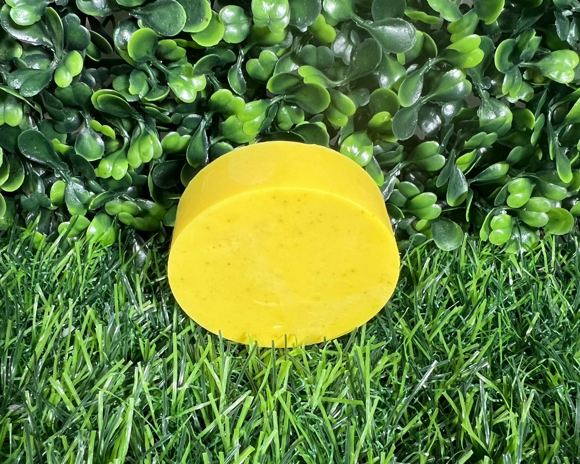 Circular bar of turmeric soap on a leaf like surface.