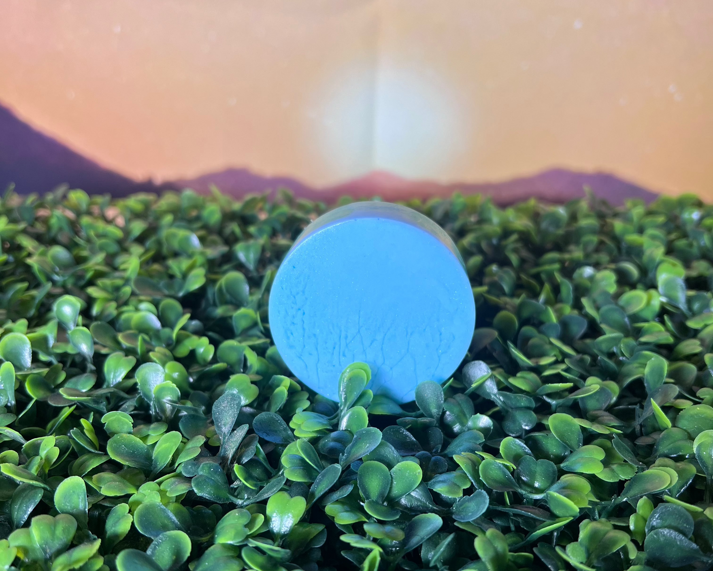 A light blue circular bar of soap placed on a bed of decorative green leaves, with a warm, mountainous background.
