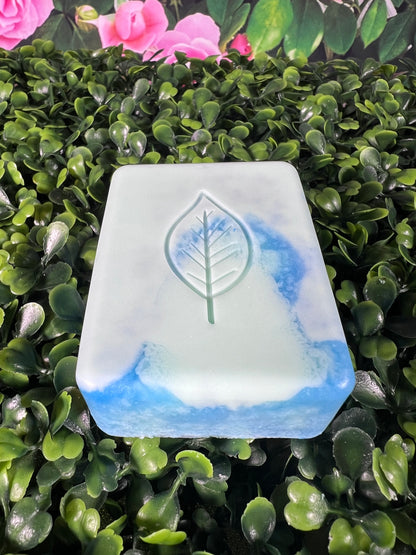 Rectangular shaped bar of soap with rounded edges, a leaf design on top, and with a blue and green color scheme displayed on a green, leaf like surface.