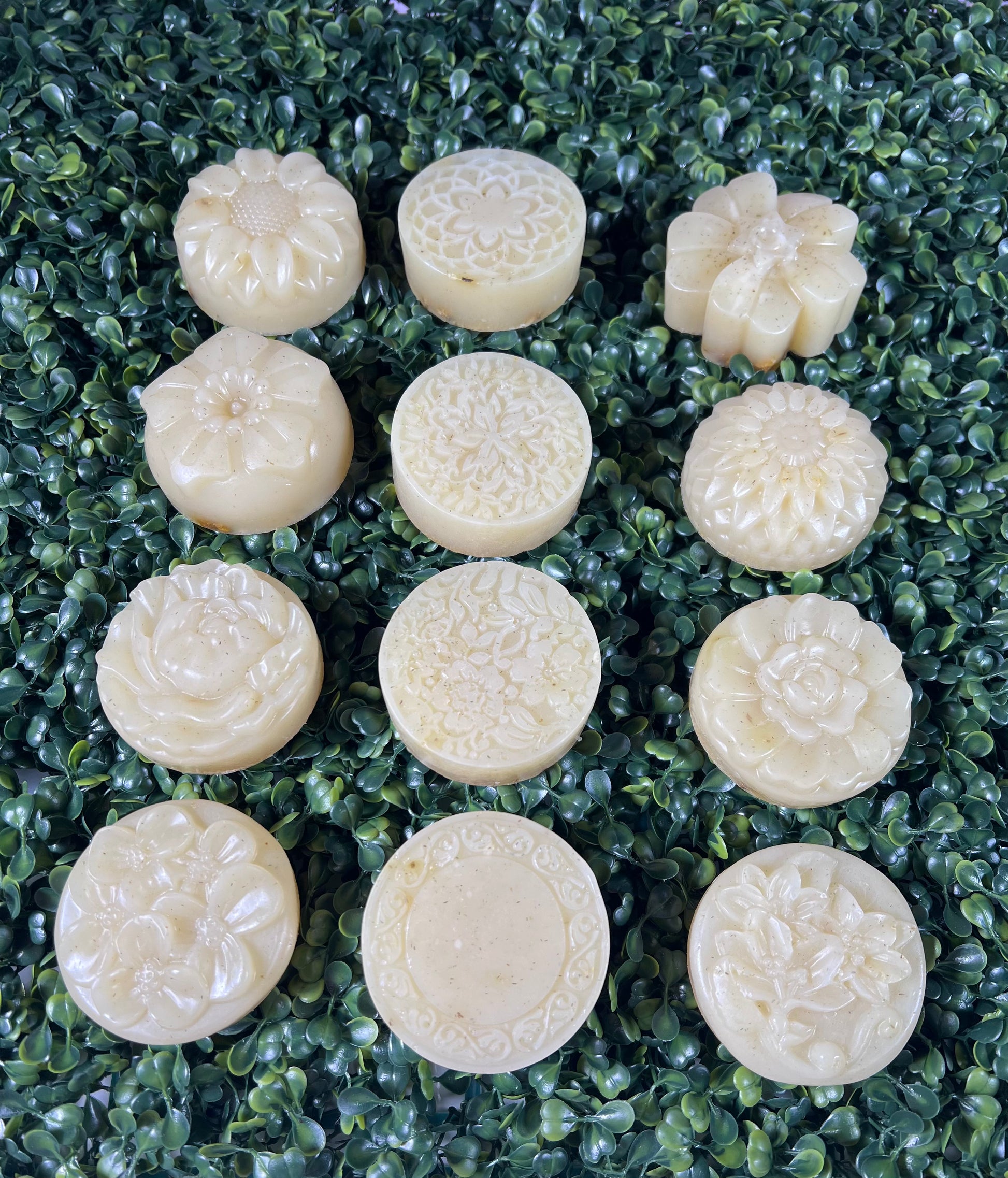 Off-white, almost yellowish flower-shaped soap bars with small amounts of flower bits inside arranged on a green leafy background
