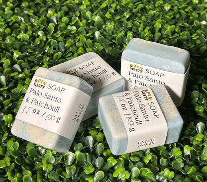 Both square and leaf bars of Palo Santo & Patchouli soap