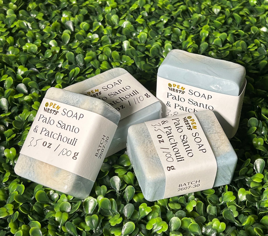 Both square and leaf bars of Palo Santo & Patchouli soap