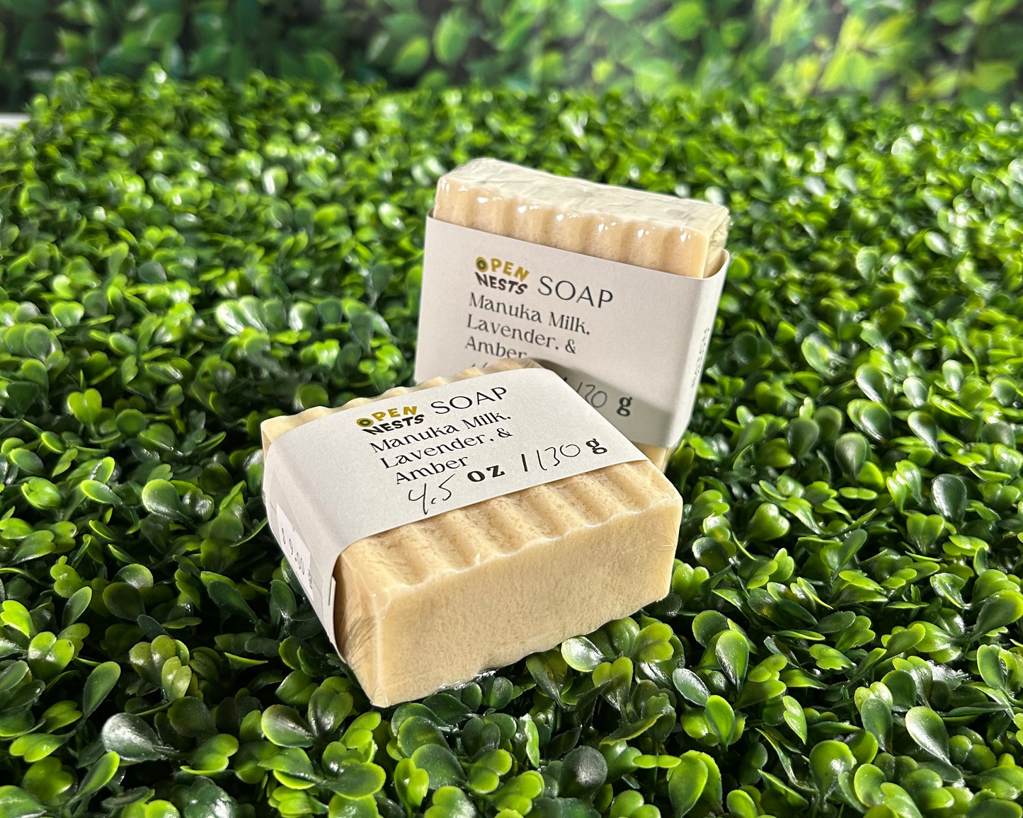 wavy variant of manuka milk, lavender, amber bar soap