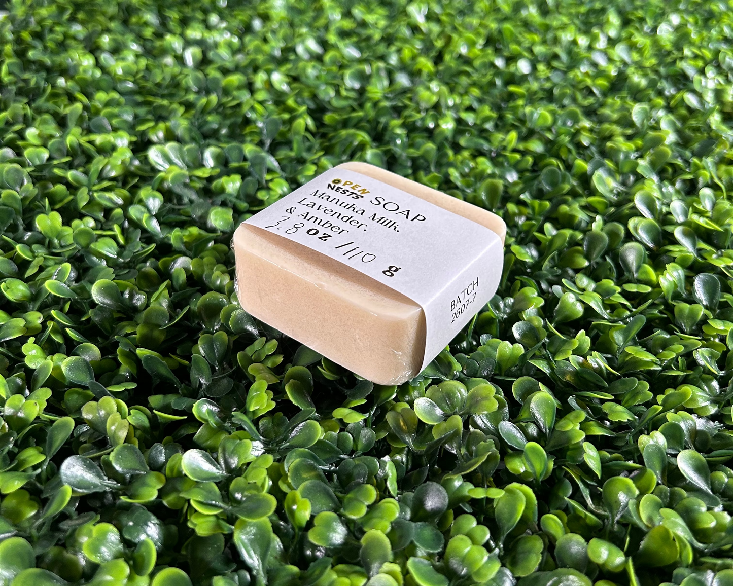 square variant of manuka milk, lavender, amber bar soap